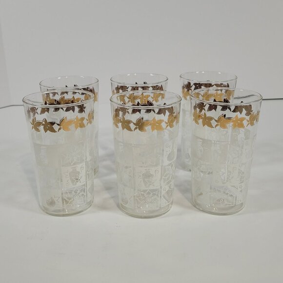 Vintage Hazel Atlas Mid Century Tumblers Gold Leaves White Check Flowers Vases - Picture 2 of 6